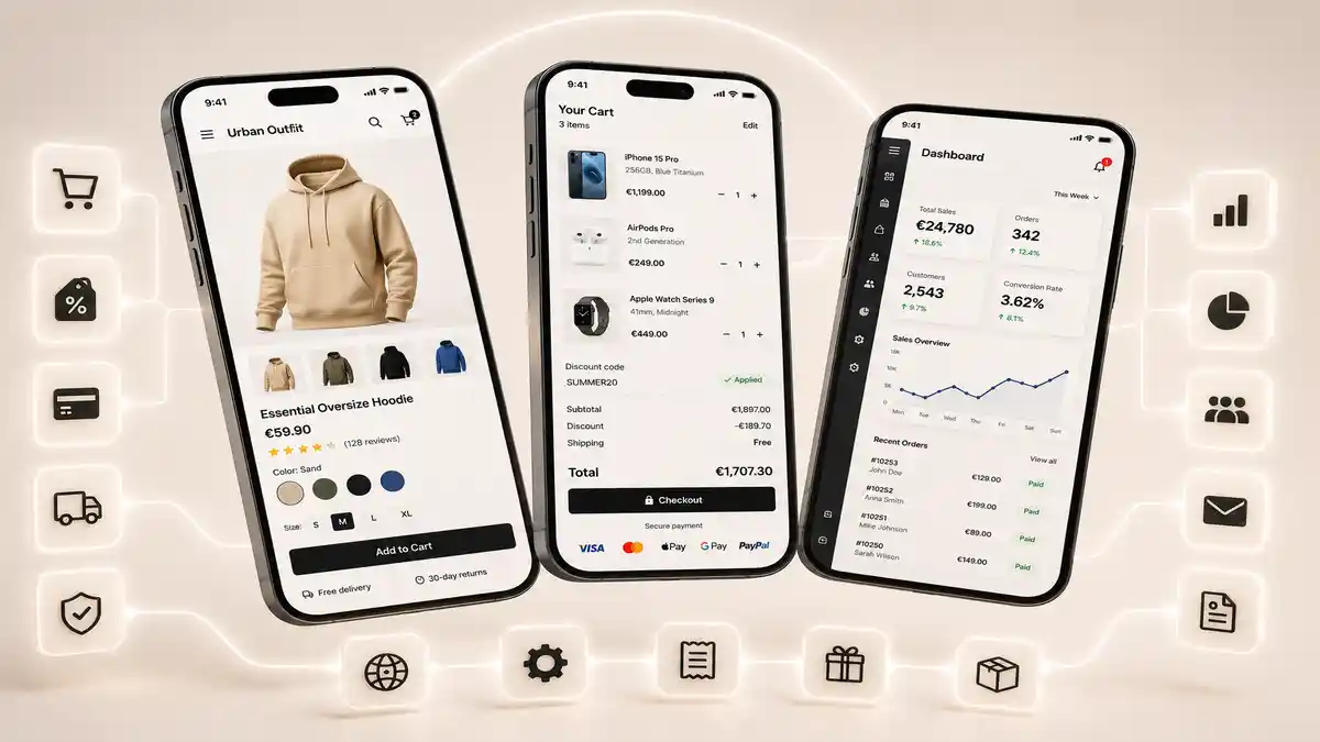 Ilustrácia článku o funkciách moderného e-shopu pre Európu, platbách, doprave, analytike a Google Shopping
