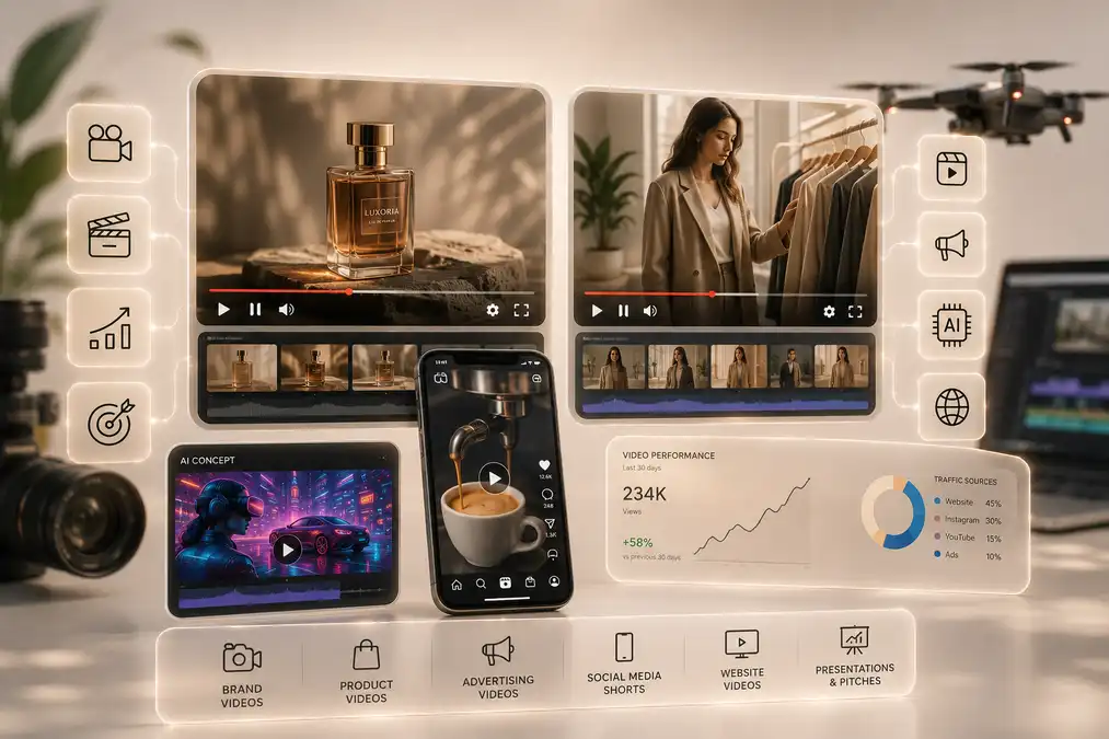 Ilustrácia článku o videoprodukcii pre firmy, videu pre web, reklamu, sociálne siete a AI kreatívy