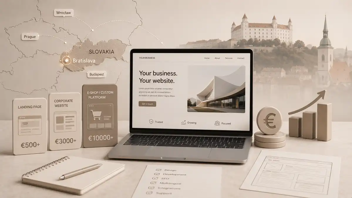 Ilustrácia k článku o cene tvorby webu na Slovensku, vývoji firemného webu, rozpočte, SEO a digitálnej podpore