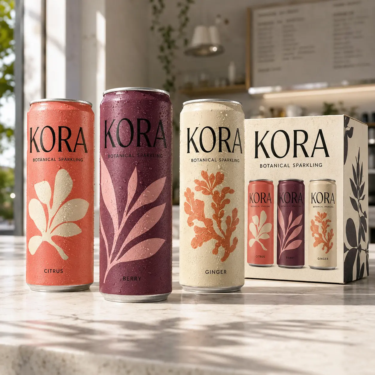 Dizajn obalov nápojov Kora Botanical Sparkling