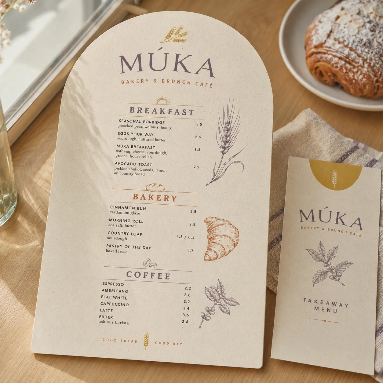 Dizajn menu pekárne a kaviarne Múka