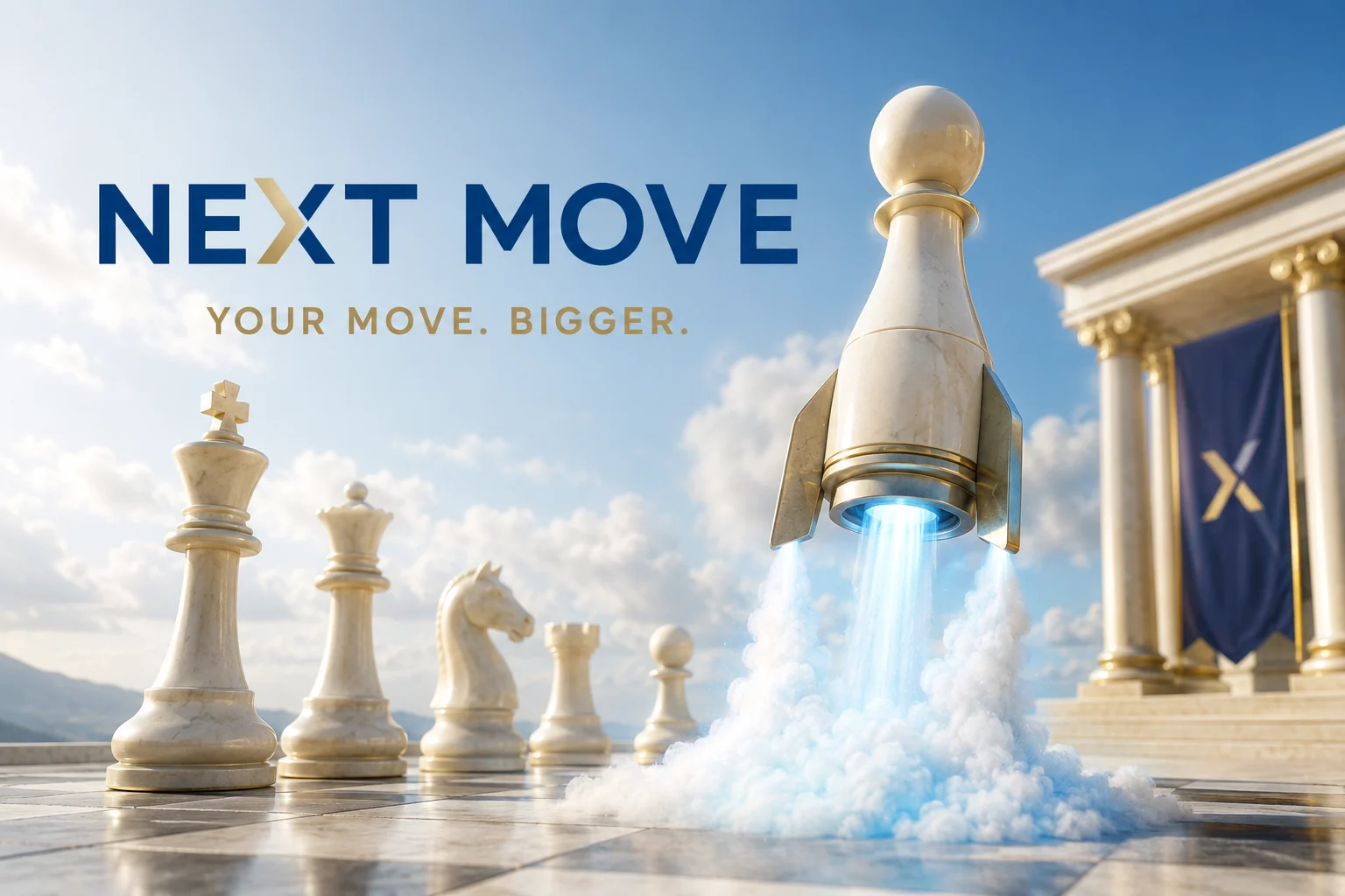 Reklamný koncept Next Move so šachovou figúrkou a raketou