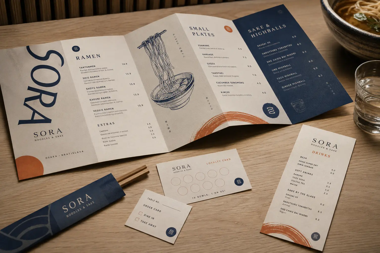 Dizajn menu a tlačovín reštaurácie Sora